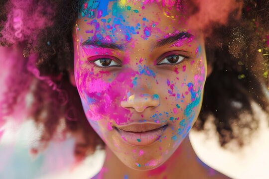 Close-up face shot of Afro American black young woman covered in Holi Powder. Holi color fest celebrating in India