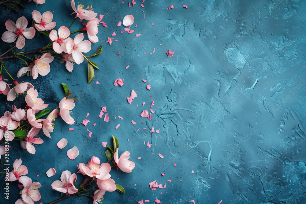 Poster slide background with colorful leaves and flowers framing on a blue painted wall. background image. 