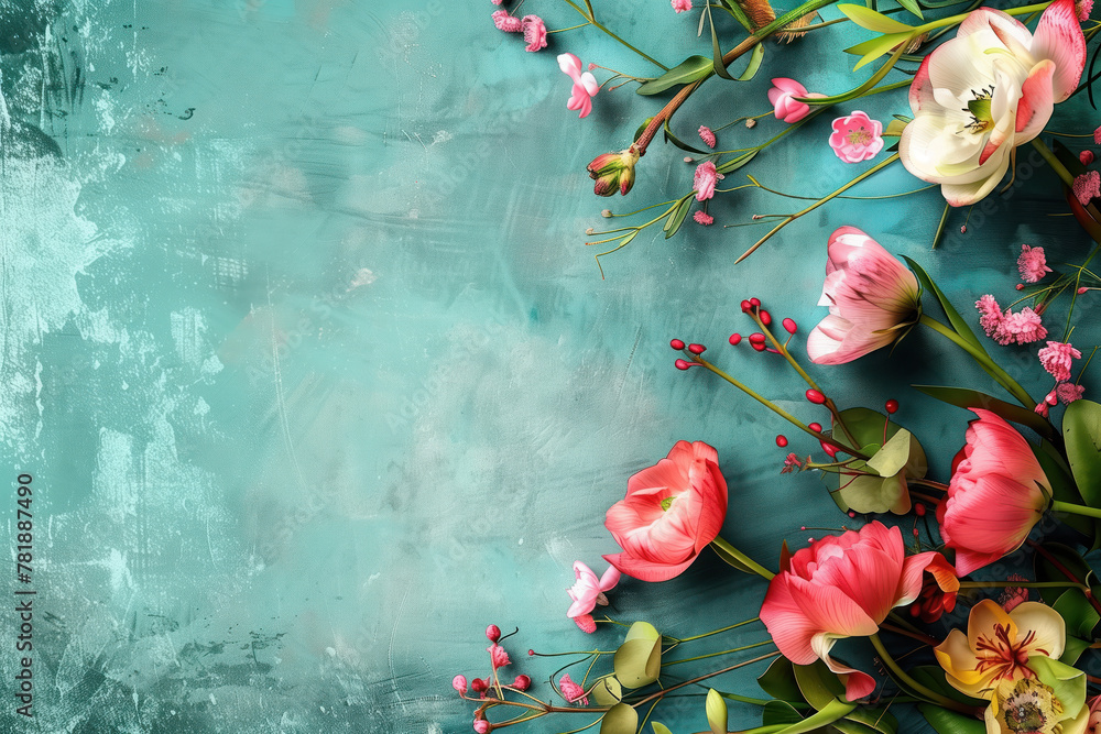 Poster slide background with colorful leaves and flowers framing on a painted wall. background image. creat