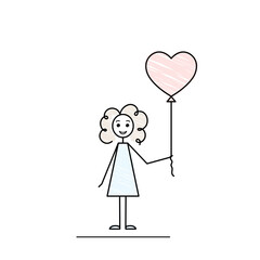 curly girl with heart shaped balloon sketch, female character, black line doodle vector illustration