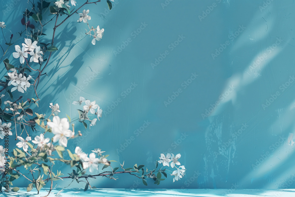 Aufkleber slide background with white blossom branches framing on a blue stucco wall. background image. create