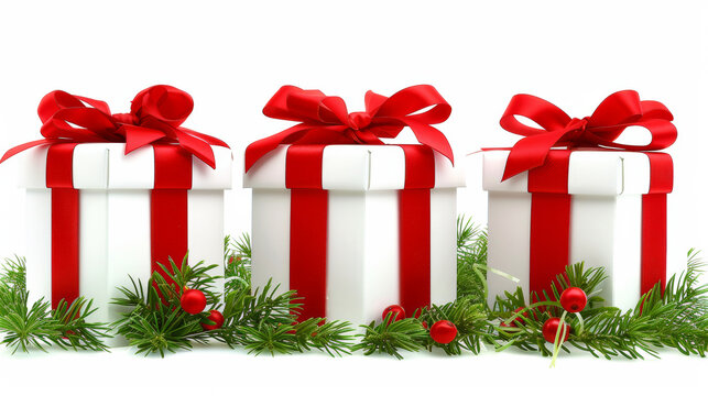 Three white boxes with red bows on top of a white background. The boxes are decorated with red ribbons and pine needles