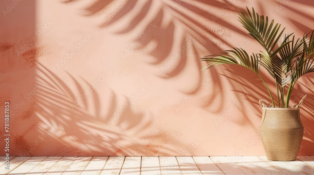 Poster minimal abstract background for product presentation. blurred shadow from palm leaves on the light p