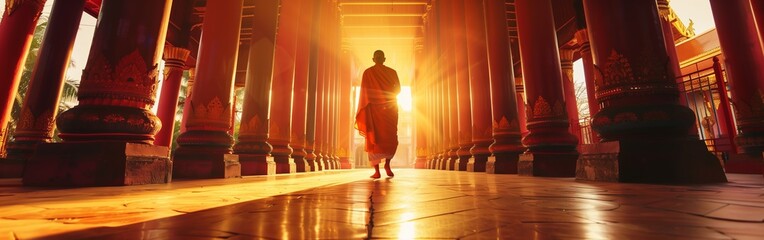 Monk walking through temple corridor at sunrise in serene spiritual scene - Powered by Adobe