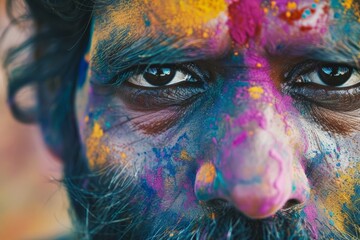 Close-up face shot of Indian young man covered in Holi Powder. Holi color fest celebrating in India