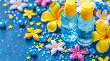 Obraz na płótnie Canvas Two bottles of blue liquid are on a blue background with flowers and stars