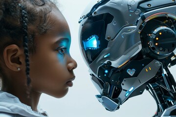 A young girl gazes intently at a futuristic robot, a meeting of human innocence and advanced AI - obrazy, fototapety, plakaty