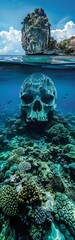 Naklejka na ściany i meble Underwater skull illusion among vibrant coral reefs with looming limestone island