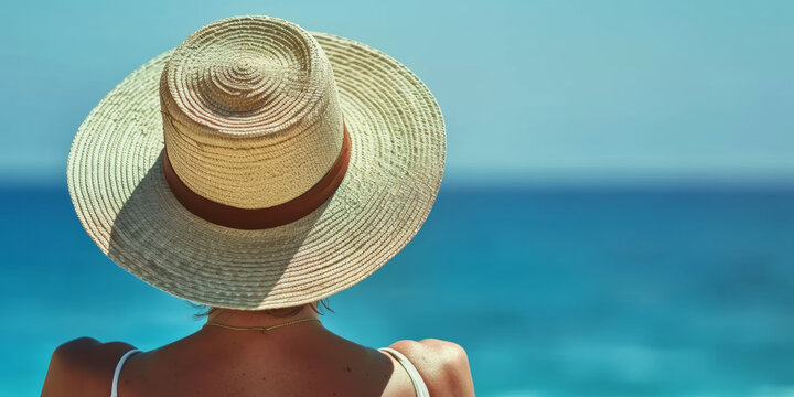 A woman wearing a straw hat is looking out at the ocean. The hat is brown and has a tan band. The woman is wearing a white tank top and is standing on the beach. The ocean is calm and blue