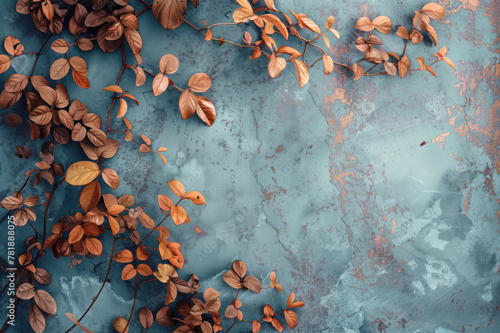 Poster slide background with autumn leaves framing on a grey painted wall. background image. created with g