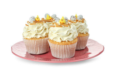 Tasty Easter cupcakes with vanilla cream isolated on white
