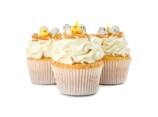 Tasty Easter cupcakes with vanilla cream isolated on white