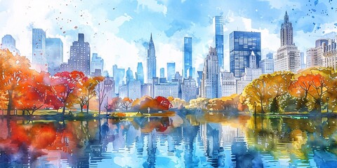 Autumnal Reflections in Central Park, New York Generative AI