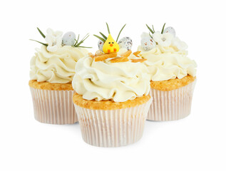 Tasty Easter cupcakes with vanilla cream isolated on white