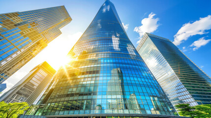 A tall building with a large glass window and a sun shining on it. The sun is reflecting off the glass, creating a beautiful and bright scene