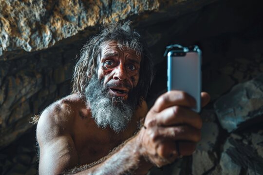 Ancient Man Takes a Selfie, Modern Technology in Cavemen Hands, Wild Man with Smartphone
