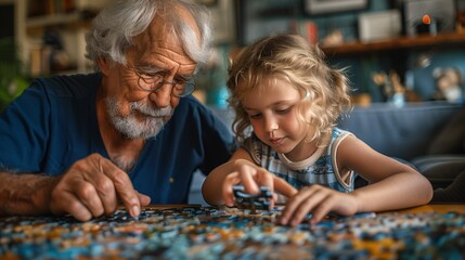 Grandfather and Granddaughter Assembling Puzzle Together