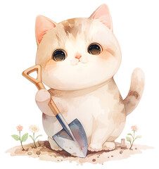 Kawaii cat with a shovel, watercolor illustration - 781889261