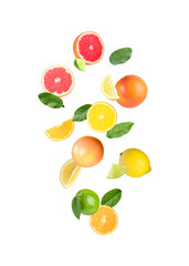 Many different fresh citrus fruits falling on white background