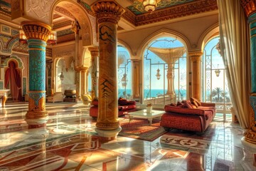 Arabian Palace Sea View, Grand Hamam, Hotel, Luxurious Oriental Interiors Arab Palace, Copy Space - obrazy, fototapety, plakaty