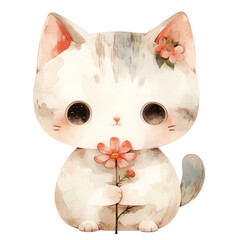 Kawaii cute cat with a flower, watercolor illustration - 781889276