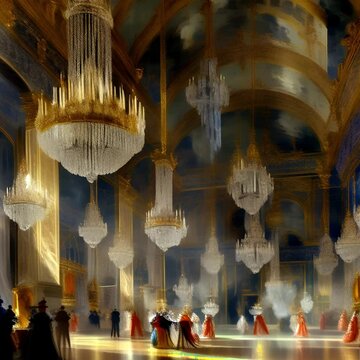 animation, motion effect, The Palace of Versailles, 1682 &ndash; A grand and opulent interior of the Palace of Versailles, with chandeliers, gilded moldings, and aristocrats in fashionable (60 fps  8 sec.)