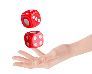 Woman throwing red dice on white background, closeup