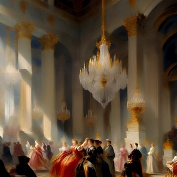 animation, motion effect, The Palace of Versailles, 1682, A grand and opulent interior of the Palace of Versailles, with chandeliers, gilded moldings, and aristocrats in fashionable (60 fps  8 sec.)