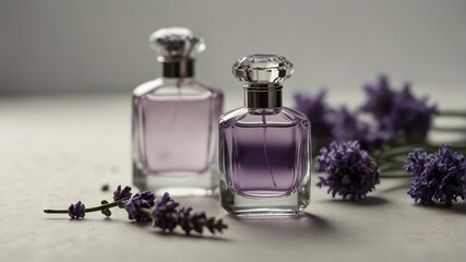 a lavender flower and beautiful glass for womens perfume bottle on plain white background from Generative AI