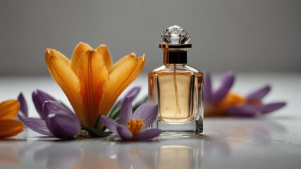 a safron crocus flower and beautiful glass for womens perfume bottle on plain white background from Generative AI