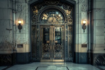Fototapeta premium Old Bank Door, Art Deco Enter, Luxury Treasury Door, Ornate Bank Gate, Art Nouveau Architecture