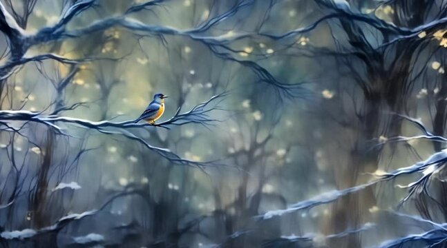 animation, motion effect, Two birds perched on a branch in the winter snow forest (60 fps  8 sec.)