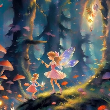 animation, motion effect, An enchanting scene of a small fairy with butterfly wings in a vibrant, supernatural forest filled with sparkling flowers (60 fps  8 sec.)