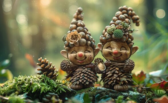 Whimsical Forest Friends A Tale of Two Gnome Figurines Amidst the Enchanting Autumn Forest Generative AI