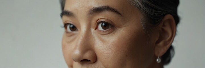 asian elder woman eyes panoramic banner for skin care, beauty and ad concept bright white clear background from Generative AI