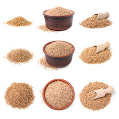 Set with dry wheat groats isolated on white, top and side views