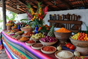 Colorful Traditional Buffet Featuring Exotic Fruits, Vegetables, and Grains