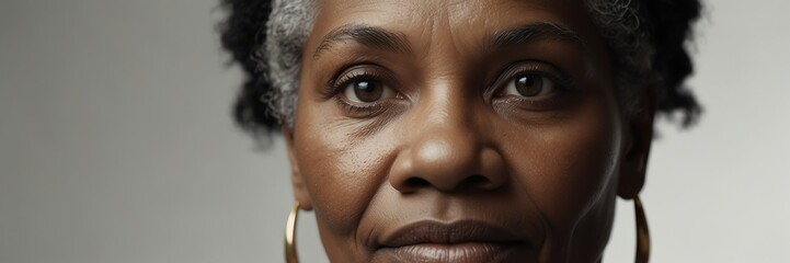 black african elder woman eyes panoramic banner for skin care, beauty and ad concept bright white clear background from Generative AI - obrazy, fototapety, plakaty