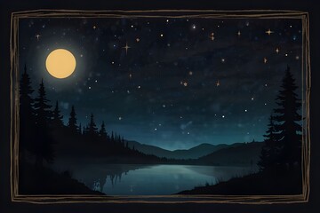 night sky and  mountain lake