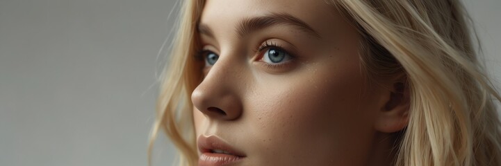blonde young woman eyes panoramic banner for skin care, beauty and ad concept bright white clear background from Generative AI