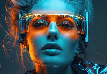 A woman with modern makeup wears a holographic visor, embodying futuristic fashion and technology.