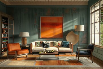 Cozy Modern Living Room Interior with Warm Sunset Artwork