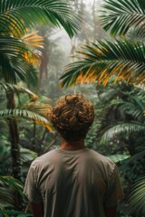 Curly-Haired Man Contemplating Lush Rainforest Scenery