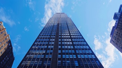 Low angle view of a modern skyscraper against a blue sky. - Powered by Adobe