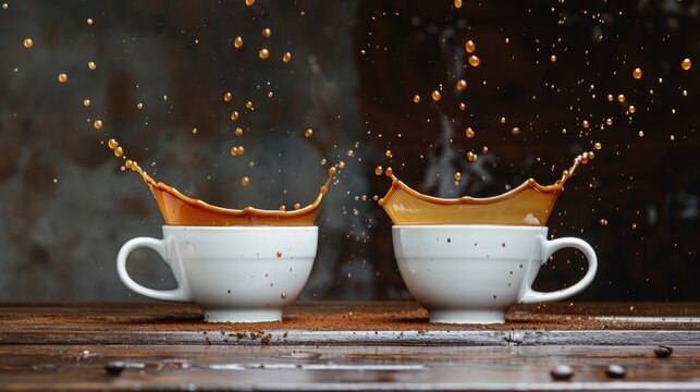 Two white cups with coffee splashing out on a wooden surface.