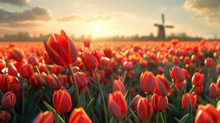 Sunset Over Tulip Field with Traditional Windmill Scenery - obrazy, fototapety, plakaty