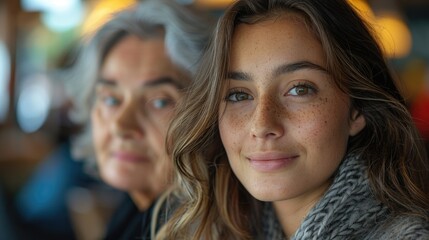 Portrait of a young woman with freckles and an elderly woman in soft focus in the background - obrazy, fototapety, plakaty