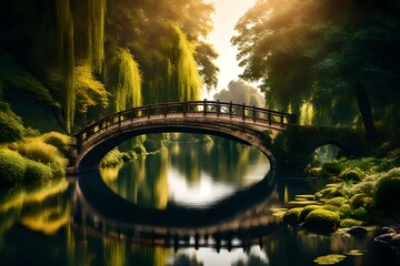 An idyllic riverside setting with a charming bridge, the lush foliage and architectural beauty...