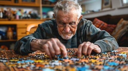 Elderly Man Focused on Assembling Jigsaw Puzzle Indoors - obrazy, fototapety, plakaty
