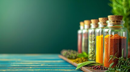  Colorful Spice Jars and Fresh Herbs on Wooden Table with Green Background and Copy Space